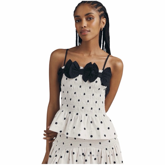 Damson Madder Tops - Damson Madder Polka Dot Bow Ruffle Blouse